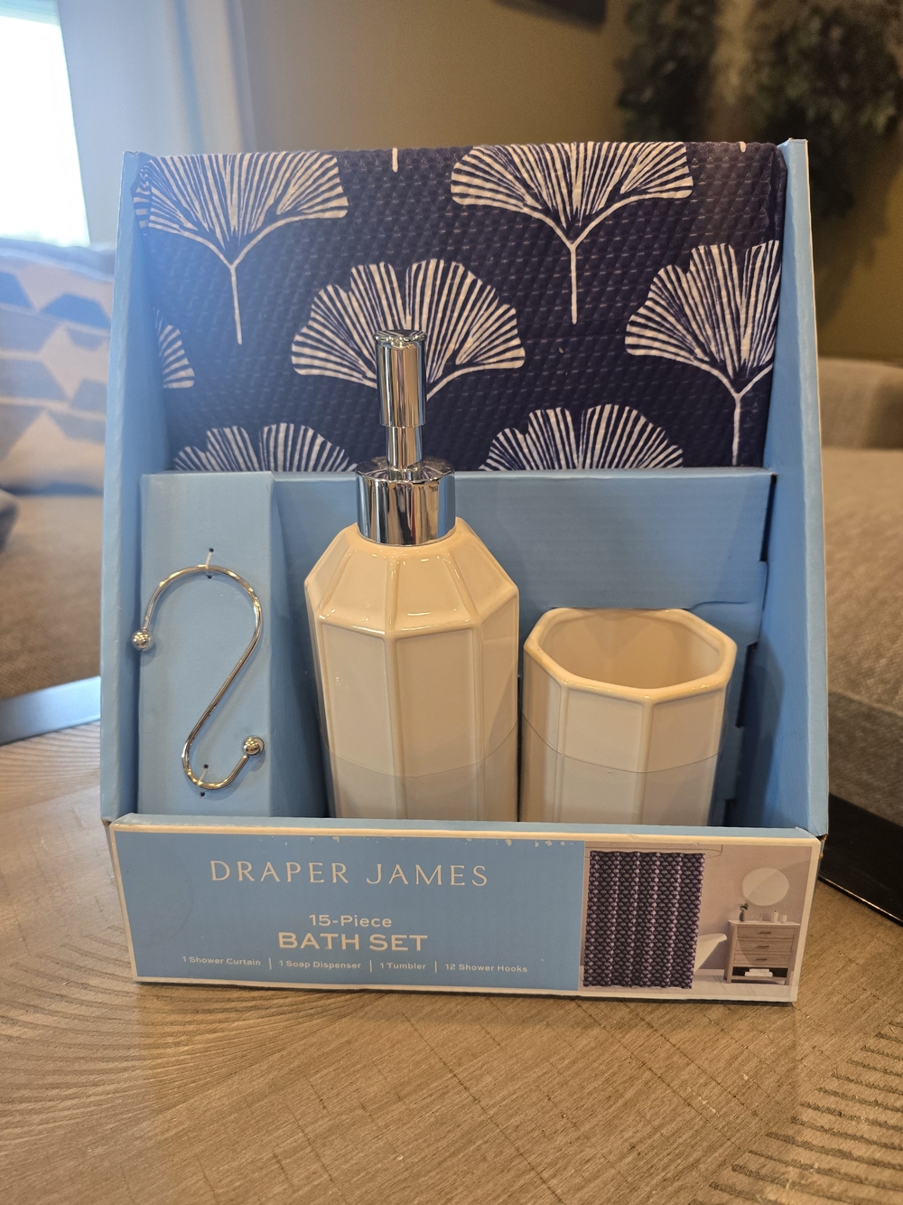 New Draper James Cream Bath Set with Soap Dispenser & Tumbler, Shoer Curtain
